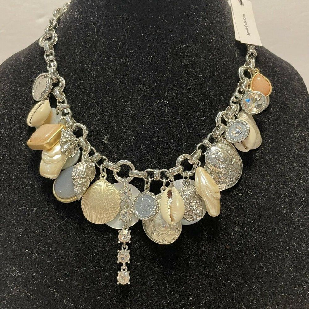 NWT White House Black market Silvertone Seashell Charm Necklace Mother Of Pearl